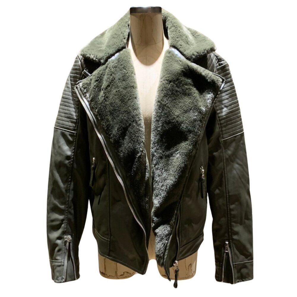 Vera Moda Vegan Leather Olive Motorcycle Jacket Womens Size Large